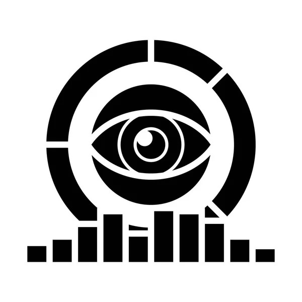 Analytique - recherche marketing, diagrammes, icône des yeux, illustration vectorielle, signe noir sur fond isolé — Image vectorielle