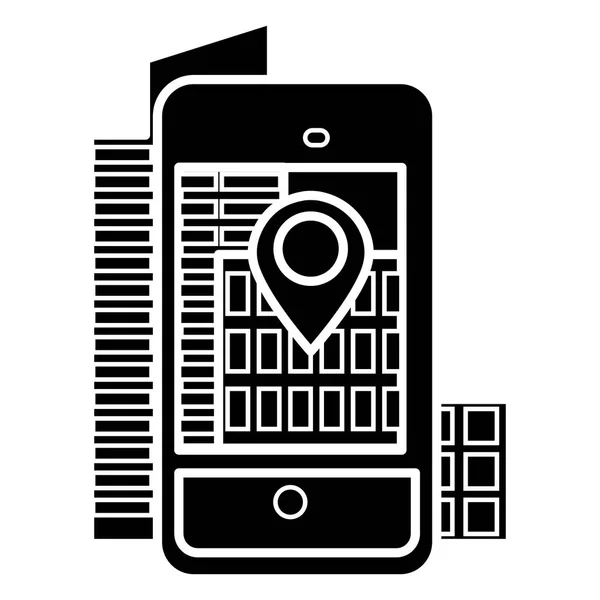 Дополненная реальность - иконка города смартфона, векторная иллюстрация, черный знак на изолированном фоне — стоковый вектор