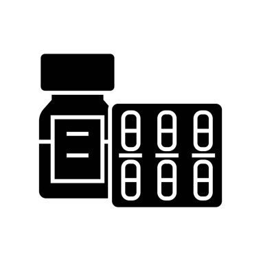 hapları ve tabletler ve şişe kutsal kişilerin resmi, vektör illüstrasyon, siyah işareti izole arka plan üzerinde