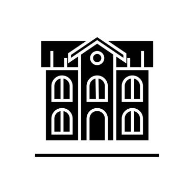 okul bina simgesini, vektör çizim, izole arka plan üzerinde siyah işareti