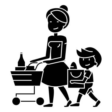 bakkal - anne oğluyla alışveriş ve alışveriş sepeti simgesini, illüstrasyon, siyah işareti izole arka plan üzerinde vektör