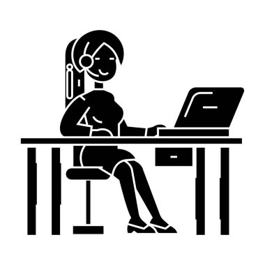 izole arka plan üzerinde laptop ve kulaklık - destek servisi simgesini, vektör çizim, siyah işareti olan tablo üzerinde çalışan kadın