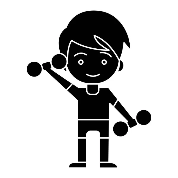 Sport man - chico con pesas - niño icono de entrenamiento, ilustración vectorial, signo negro sobre fondo aislado — Vector de stock