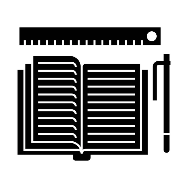 Studerar - öppen bok, penna, linjal ikon, vektor illustration, svarta tecken på isolerade bakgrund — Stock vektor