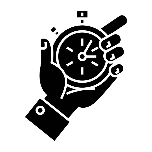 時間管理 - 手タイマー アイコン、ベクトル分離の背景に黒の図記号 — ストックベクタ