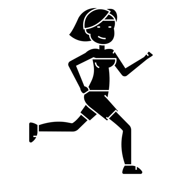 Mulher correndo - ícone de fitness, ilustração vetorial, sinal preto no fundo isolado — Vetor de Stock