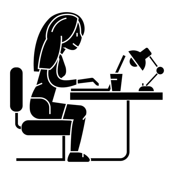 Kobieta pracuje na notebook w biurze lub w domu - ikona freelancer, wektor ilustracja, czarny znak na na białym tle — Wektor stockowy