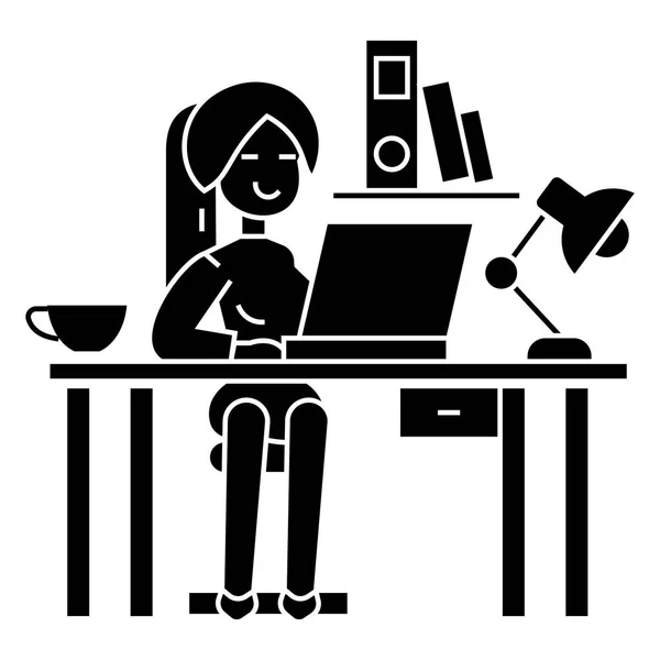 Donna che lavora sul tavolo dell'ufficio - interno dell'ufficio - icona freelance, illustrazione vettoriale, segno nero su sfondo isolato — Vettoriale Stock