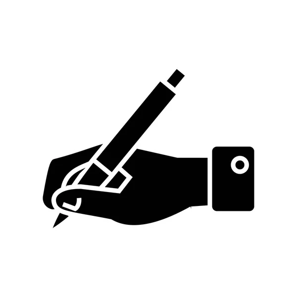 Escrita - sinal - mão com ícone de caneta, ilustração vetorial, sinal preto em fundo isolado — Vetor de Stock