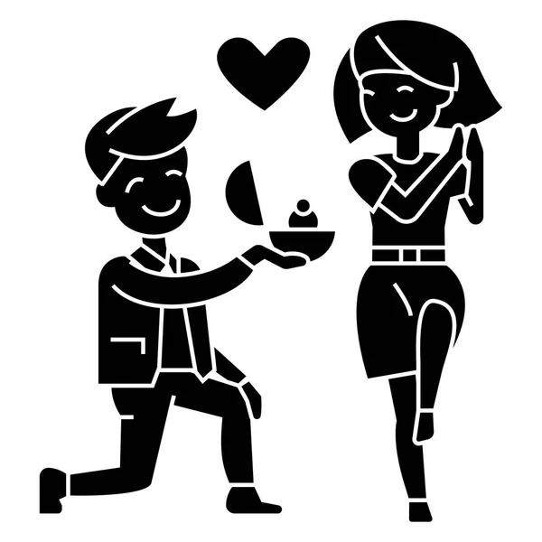 Πρόταση γάμου - άνδρας και γυναίκα αγάπη δαχτυλίδι εικονίδιο, εικονογράφηση διάνυσμα, μαύρο σημάδι στην απομονωμένη φόντο — Διανυσματικό Αρχείο