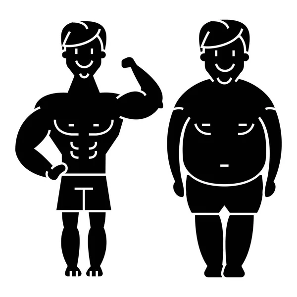 Фитнес - до и после - сильный мужчина - икона толстяка, векторная иллюстрация, черный знак на изолированном фоне — стоковый вектор