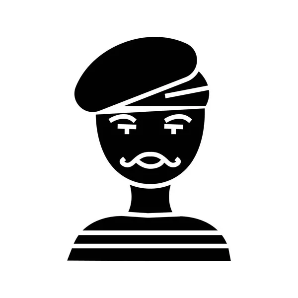 Hombre francés - artista - icono de mimo, ilustración vectorial, signo negro sobre fondo aislado — Vector de stock