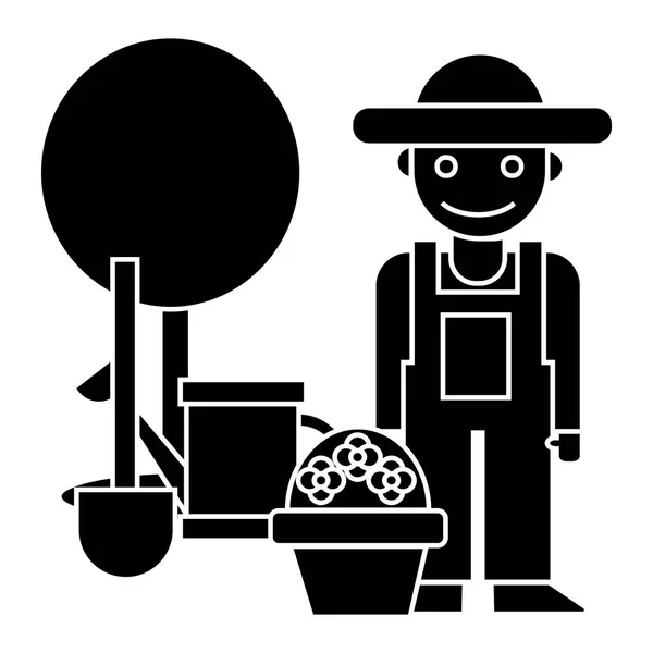 Giardiniere - albero - pala - annaffiatoio - icona del cespuglio, illustrazione vettoriale, cartello nero su sfondo isolato — Vettoriale Stock