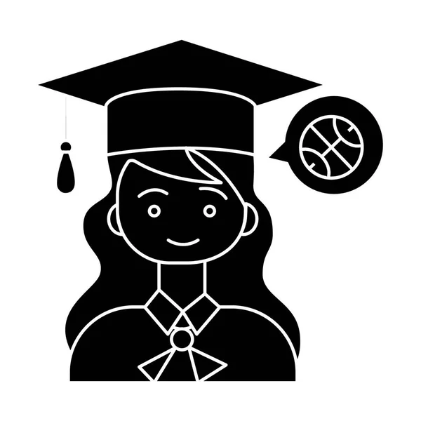 Menina de formatura com ícone de chapéu, ilustração vetorial, sinal preto no fundo isolado — Vetor de Stock