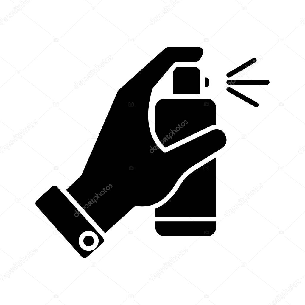 spray bottle in hand icon, vector illustration, black sign on isolated background