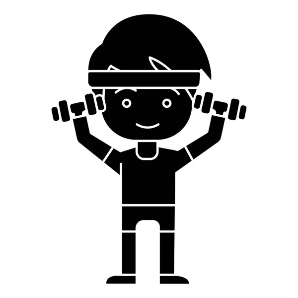 Мужчина мальчик тренировки с гирями руки вверх иконка, векторная иллюстрация, черный знак на изолированном фоне — стоковый вектор