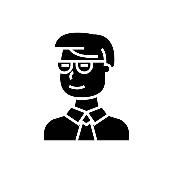 Estudiante hombre mirando en el lado con icono de gafas, ilustración vectorial, signo negro sobre fondo aislado — Archivo Imágenes Vectoriales