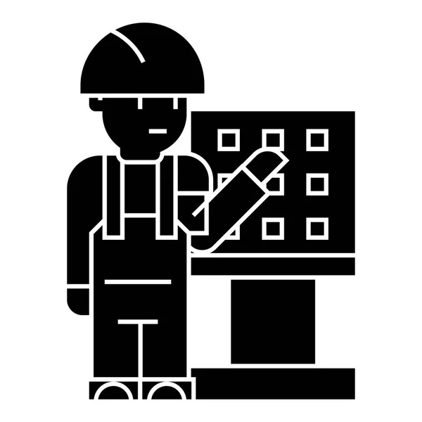Maître - contremaître - ingénieur avec icône de machine-outil, illustration vectorielle, panneau noir sur fond isolé — Image vectorielle