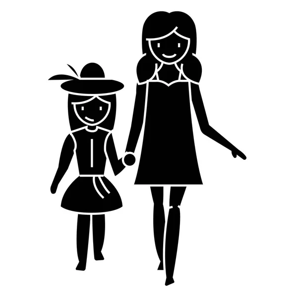Mother with daughter on vacation icon, vector illustration, black sign on isolated background — Stock Vector