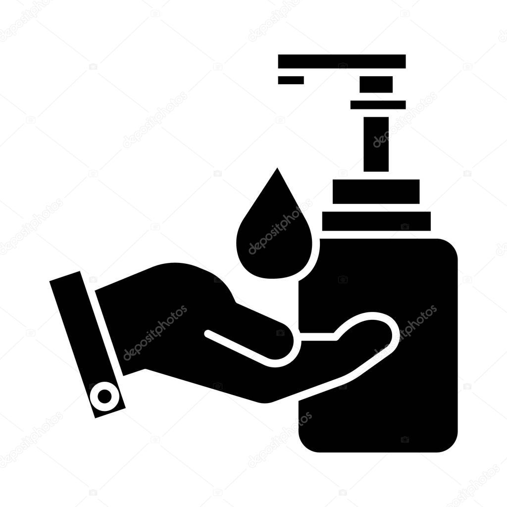 liquid soap with hand icon, vector illustration, black sign on isolated background