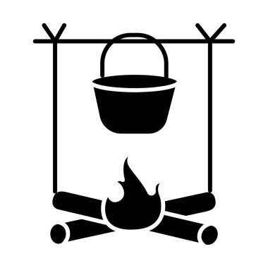 şenlik ateşi seyahat kamp simgesi, vektör çizim, izole arka plan üzerinde siyah işareti