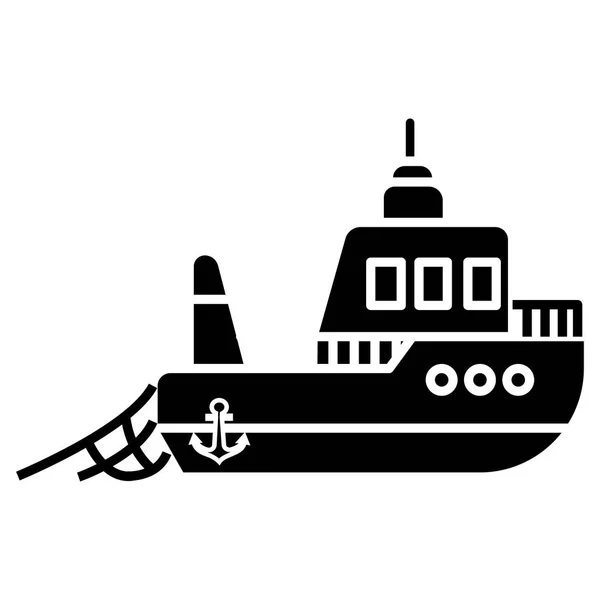 Icona della pesca in barca, illustrazione vettoriale, segno nero su sfondo isolato — Vettoriale Stock