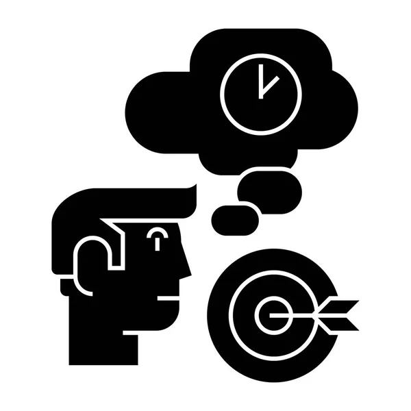 Biznes pomysł - brainstorm - cel, Lampa, czas ikona myślenia, wektor, ilustracja, czarny znak na na białym tle — Wektor stockowy