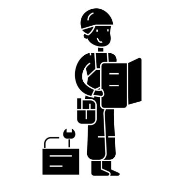 planı ve araçlar simgesi, vektör çizim, izole arka plan üzerinde işareti olan işçi