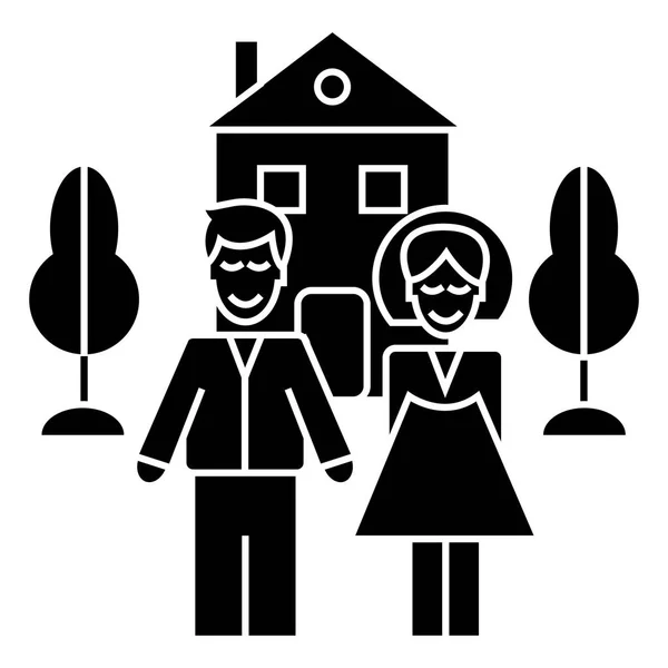 Famille avec icône de maison, illustration vectorielle, panneau sur fond isolé — Image vectorielle