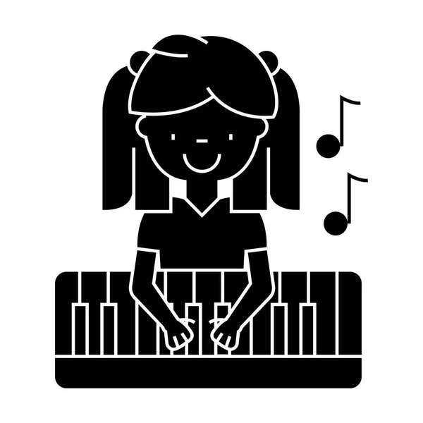 Chica jugando en el icono del piano, vector de ilustración, signo en el fondo aislado — Vector de stock
