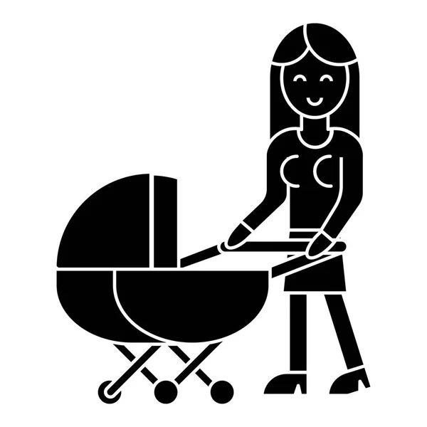 Mulher com ícone de carrinho de bebê, ilustração vetorial, sinal no fundo isolado — Vetor de Stock