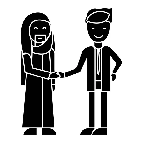 Arabe entreprise, partenariat, homme d'affaires poignée de main icône, illustration vectorielle, signe sur fond isolé — Image vectorielle