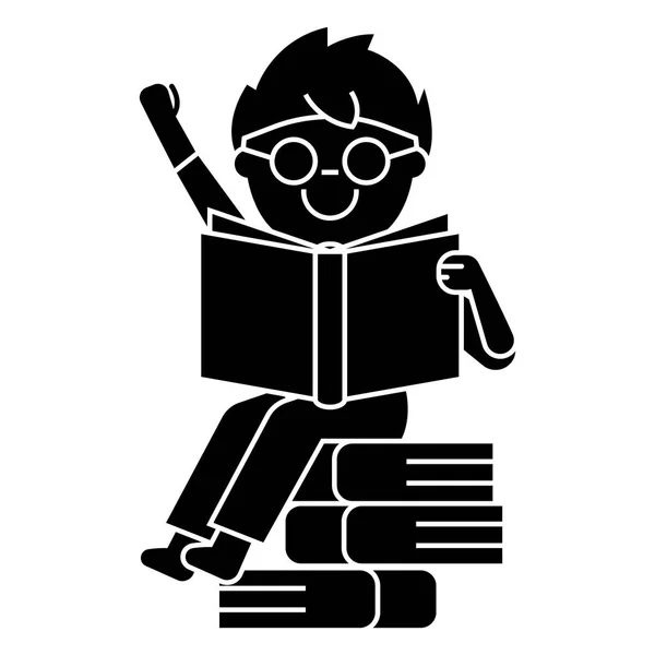 Niño leyendo libro sentado en el icono de libros, ilustración vectorial, signo en el fondo aislado — Archivo Imágenes Vectoriales