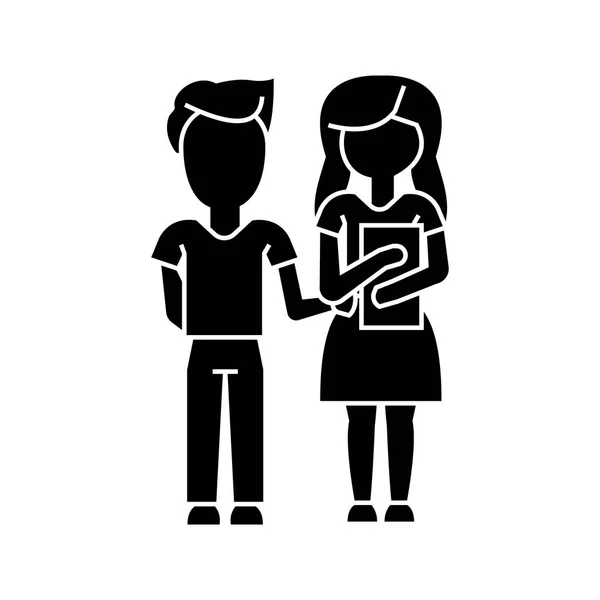 Scuola per bambini, ragazzo e ragazza con icona del libro, illustrazione vettoriale, segno su sfondo isolato — Vettoriale Stock