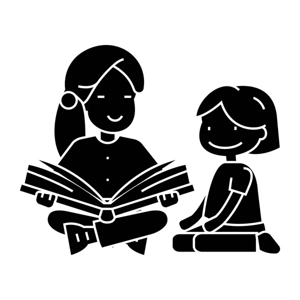 Kindergärtnerin, Frau liest Mädchen Buch vor, Vektorillustration, Zeichen auf isoliertem Hintergrund — Stockvektor
