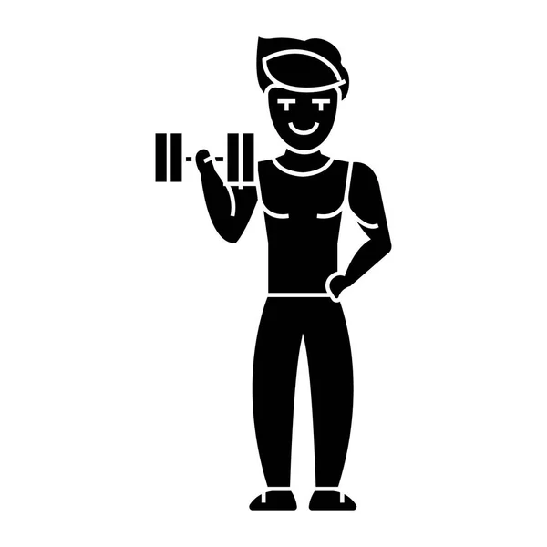 Hombre fuerte haciendo ejercicios con pesas en el icono del gimnasio, ilustración vectorial, signo en el fondo aislado — Archivo Imágenes Vectoriales