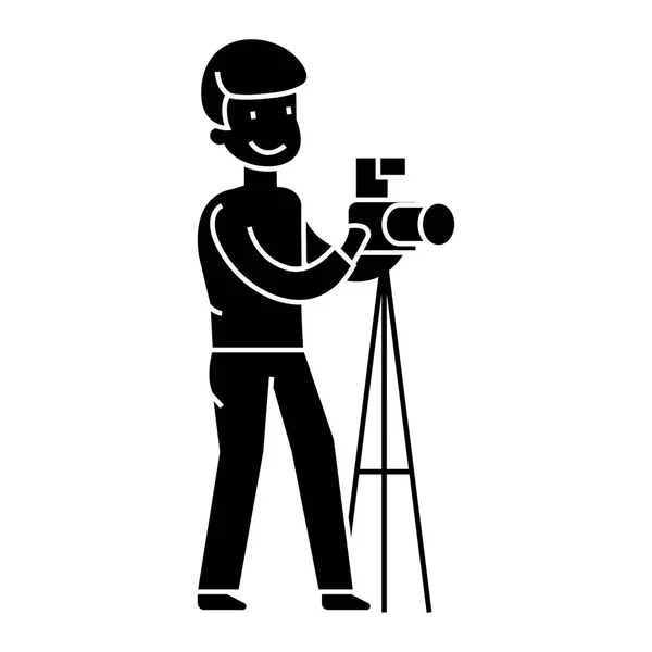 Fotograf s fotoaparát a stativ, Foto studio ikonu, vektorové ilustrace, podepsat na izolované pozadí — Stockový vektor