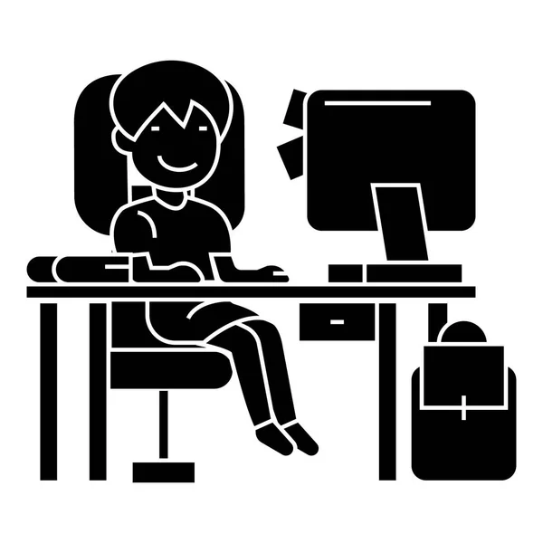 Colegiala en la mesa con la computadora, libro y el icono de la mochila, ilustración de vectores, signo en el fondo aislado — Archivo Imágenes Vectoriales