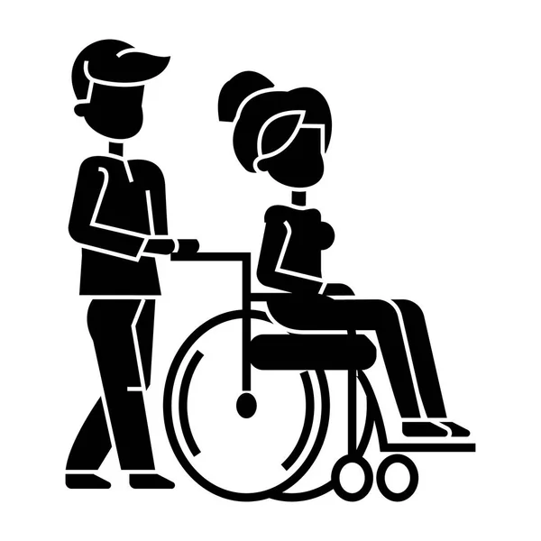 Young man strolling with woman in wheelchair, nursing care for disabled people  icon, vector illustration, sign on isolated background — Stock Vector