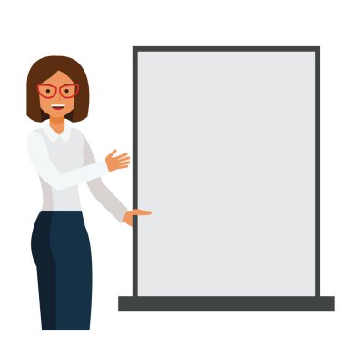 iş kadını gösteren boş şablon kurulu karikatür düz vektör illüstrasyon kavramı izole beyaz zemin üzerine