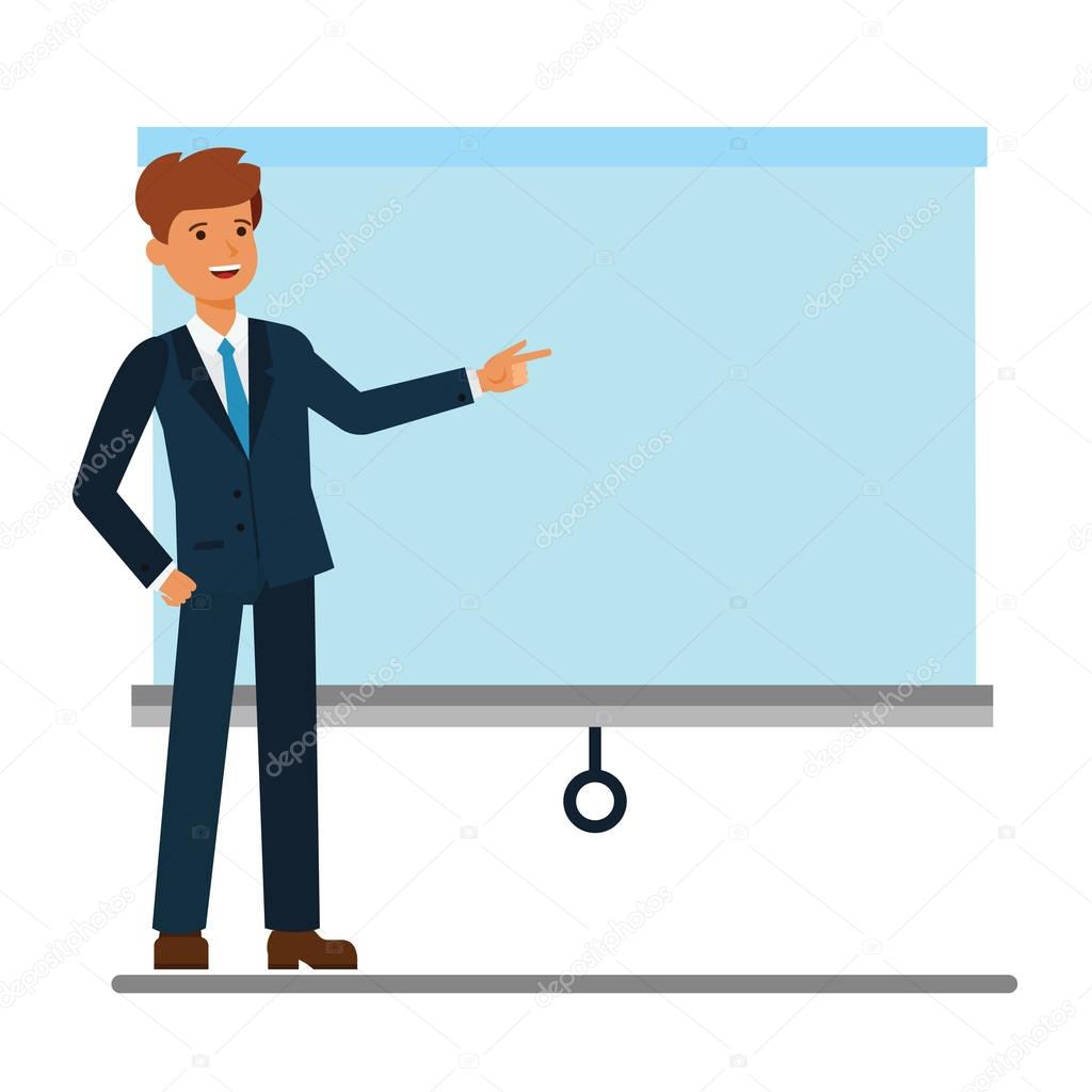 Businessman showing presentation board cartoon flat vector illustration concept on isolated white background