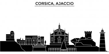 Fransa, Corsica, Ajaccio mimari vektör şehir manzarası, cityscape yerler, binalar, arka plan üzerinde izole manzaraları ile seyahat