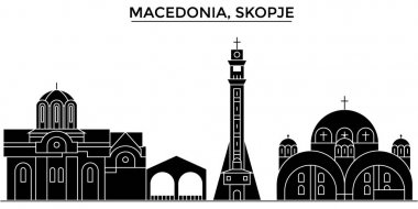 Makedonya, Skopje mimari vektör şehir manzarası, seyahat yerler, binalar, arka plan üzerinde izole manzaraları ile cityscape