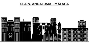 İspanya, Malaga, Andalusia mimari vektör şehir manzarası, cityscape yerler, binalar, arka plan üzerinde izole manzaraları ile seyahat