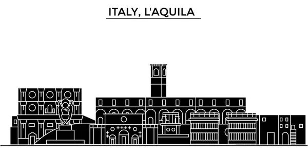 Italië, L'Aquila het platform vector skyline van de stad, reizen stadsgezicht met monumenten, gebouwen, geïsoleerde bezienswaardigheden op achtergrond — Stockvector