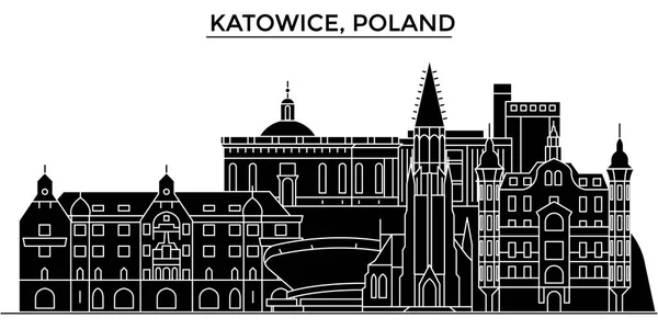 Polen Katowice het platform vector skyline van de stad, reizen stadsgezicht met monumenten, gebouwen, geïsoleerde bezienswaardigheden op achtergrond — Stockvector