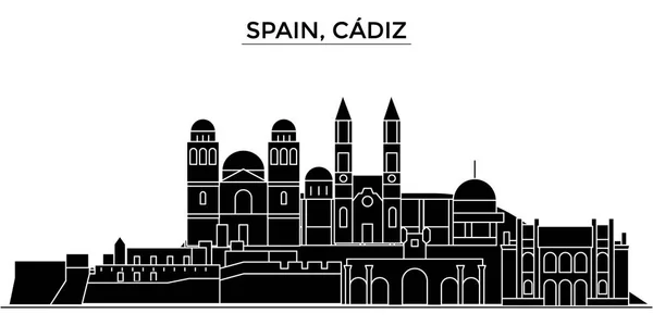 स्पेन, कैडिज वास्तुकला वेक्टर शहर स्काईलाइन, लैंडमार्क, इमारतों, पृष्ठभूमि पर अलग जगहों के साथ यात्रा शहर दृश्य — स्टॉक वेक्टर