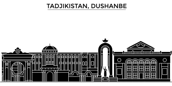 Таджикистан, Душанбе архитектурные векторные горизонты города, городской пейзаж с достопримечательностями, здания, изолированные достопримечательности на заднем плане — стоковый вектор