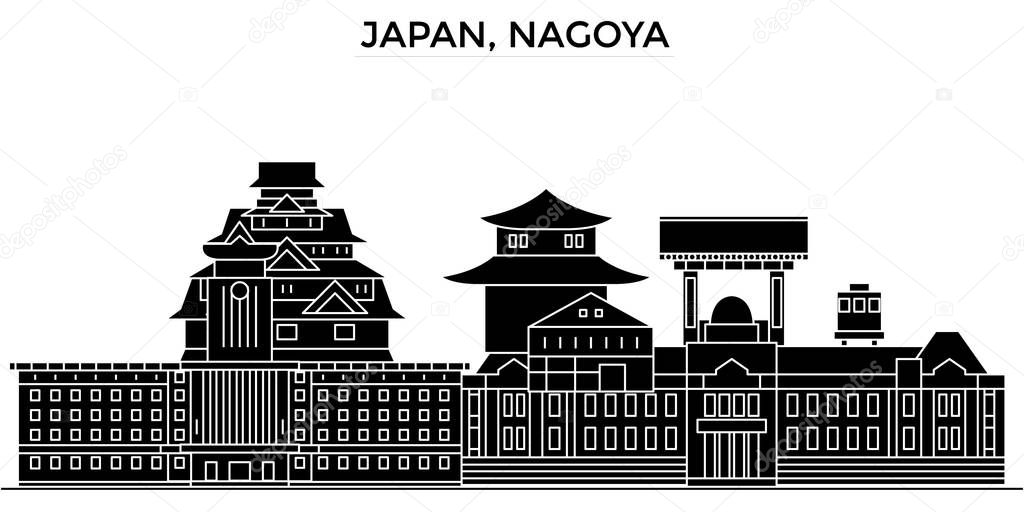 Japan, Nagoya architecture vector city skyline, travel cityscape with landmarks, buildings, isolated sights on background