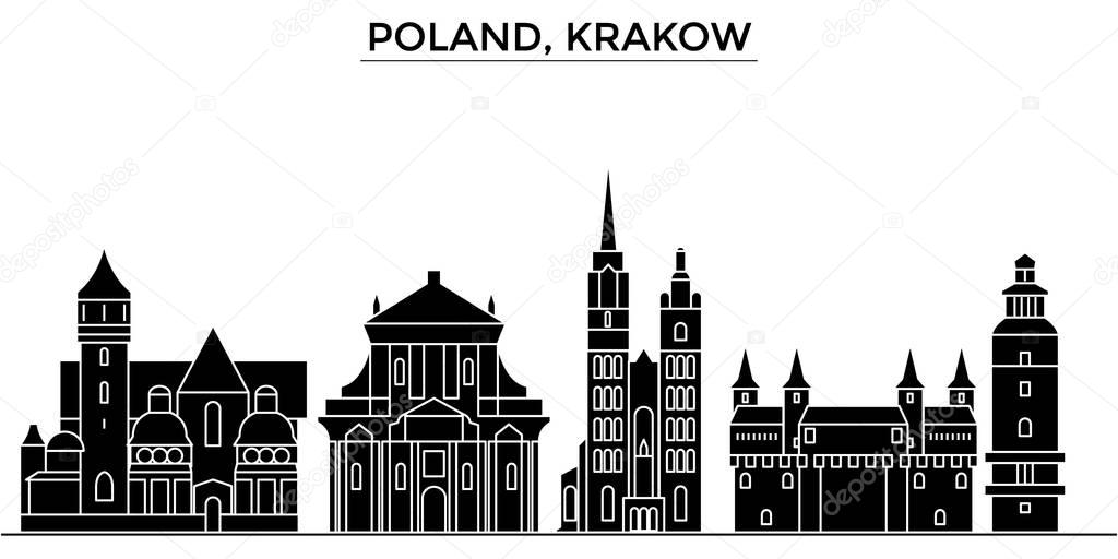 Poland, Krakow architecture vector city skyline, travel cityscape with landmarks, buildings, isolated sights on background